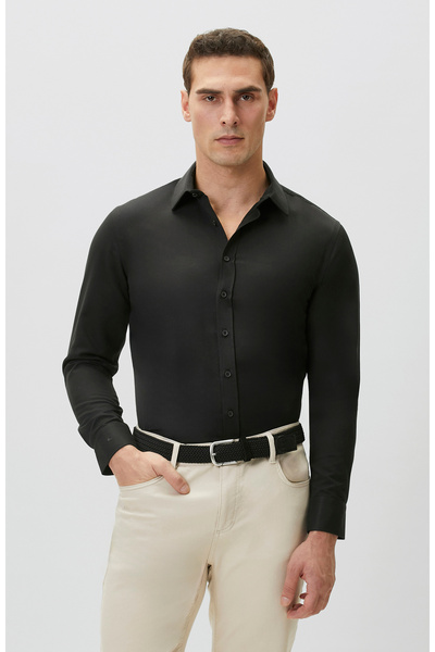 Network Slim Fit Siyah Diyagonal Cotton Gömlek