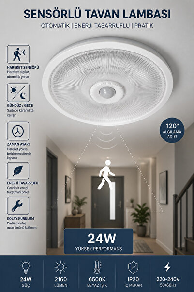 Pars Sensörlü Tavan 360° Hareket Sensörlü Tavan Armatürü LEDLİ Lamba - Plasti...