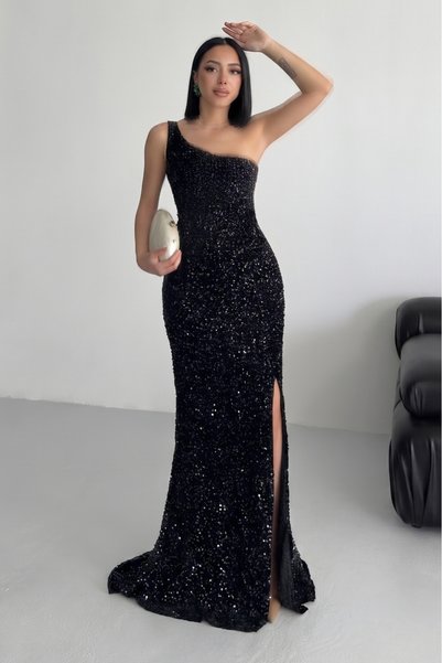 ALFUDO Moda Collection Trend Kadife Siyah Pullu Elbise