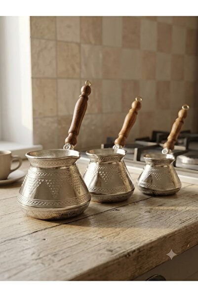 AURA COPPER Bakır Cezve Ağır El İşleme Saplı 3'lü Takım - Üzüm Desenli Metali...