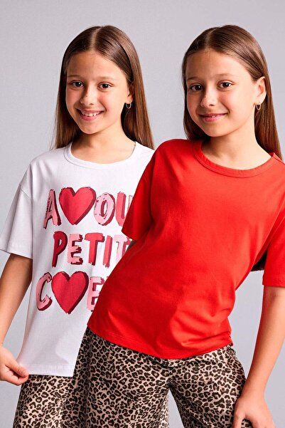 DeFacto Crew Neck Printed 2-Piece Short Sleeve T-Shirt for Girls H2155A826Sm