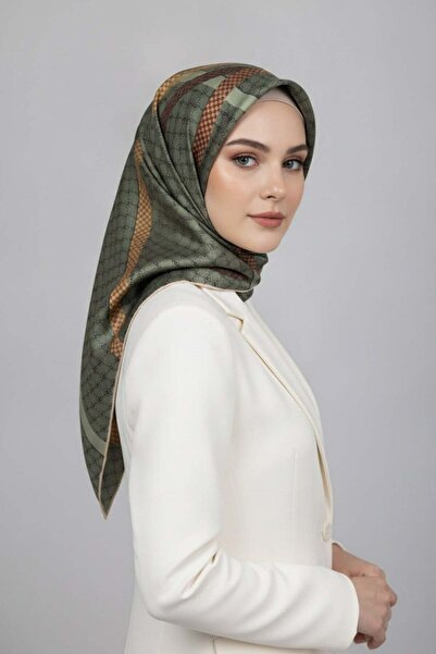 100% Twill Silk Monogram And Ribbon Pattern Khaki - Tan Color 90x90 Scarf Sewing Shape : Hand Sewing