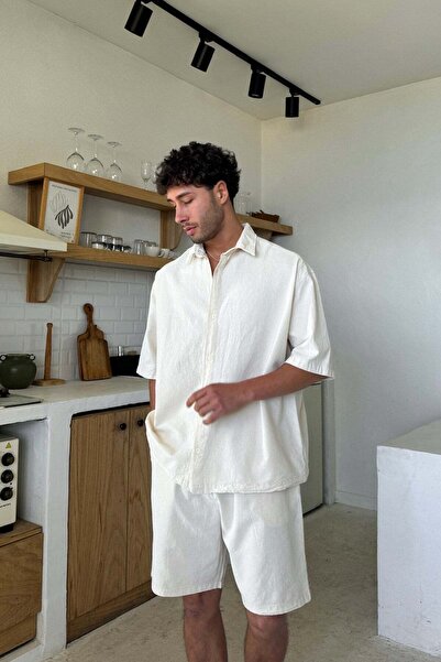 Flaw Wear Κρεμ Βασικό oversized Λινό πουκάμισο με κοντό μανίκι μπεζ