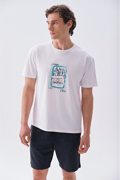 Mudo Erkek Beyaz Baskılı Comfort Fit Bisiklet Yaka T-Shirt