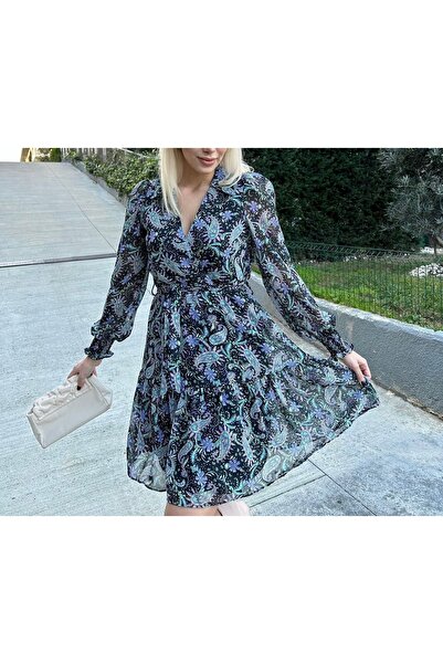 hiraz fashion kadın desenli kruvaze yaka şifon elbise