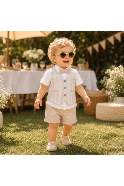 Bebelul Set elegant baieti camasa vesta papion si pantaloni scurti concept