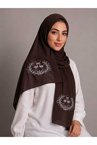 Veil Designer طرحه بوال بني طبقتين بتطريز علي الطرفين طيور الكركي و الزهور لل...