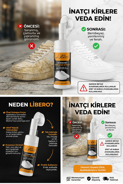 Libero Kendinden Fırçalı Aktif Ayakkabı Temizleme Köpüğü - Beyaz Spor ve Deri...