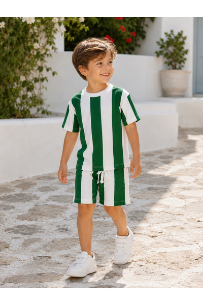 Pufiko Kids Green White Striped Unisex Cotton Suit