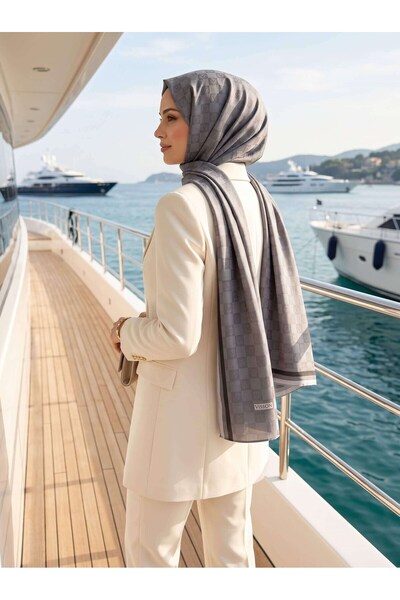 Vissona %57 İpek %43 Pamuk Monogram Dokumalı Gri-Füme Renkli 70X190 Yumuşak D...