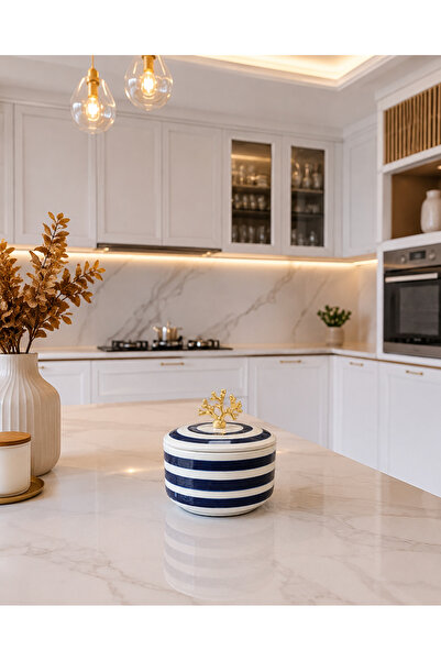 ferayhome Dekoratif Kutu Şekerlik Seramik Obje Lacivert Klasik Zebra Gold