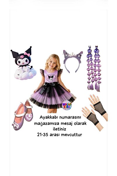 3b kids Kuromi Elbise Kostüm Kuromi Taç Kuromi Bubble Saç Kuromi Eldiven Kuro...