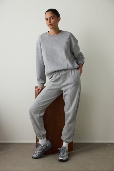 Penti Gray Melange Mid Waist Double Stitched Lace-Up Oversize Jogger Sweatpants