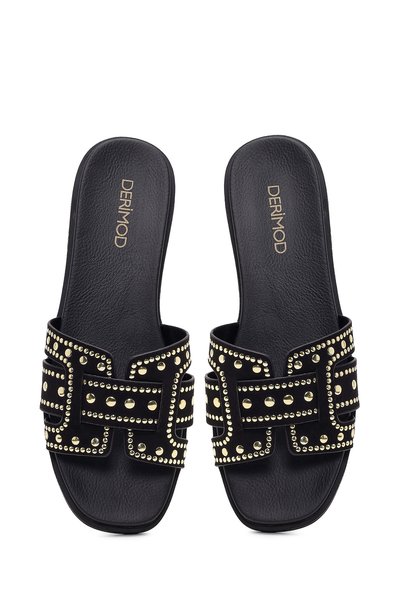 Derimod Papuci de damă din piele intoarsa neagra cu capse 26SFE480710