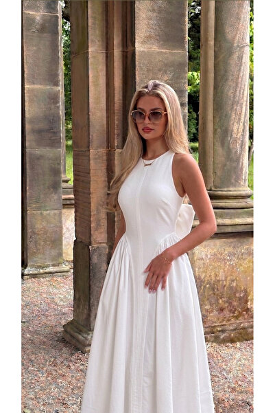 Perryes Kadın Vintage Açık Sırt Bel Oturtmalı Jean Elbise Beyaz