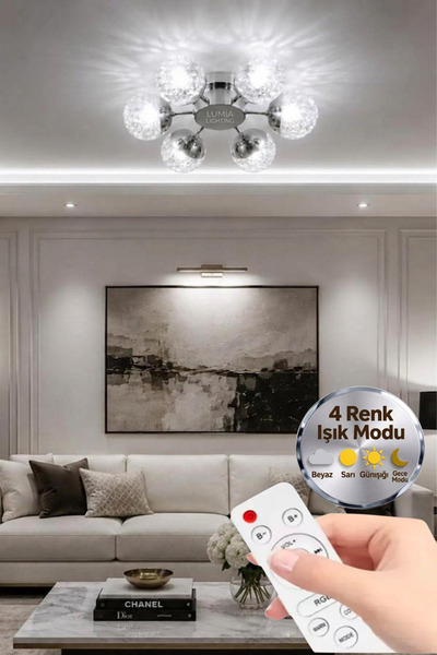 Lumia Lighting Küre Model Gümüş 6"lı Kumandalı Ledli 3 Renk Modu Kristal Salo...
