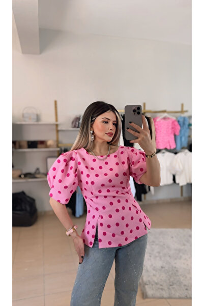DENİZ Pembe Puantiyeli Balon Kol Bluz