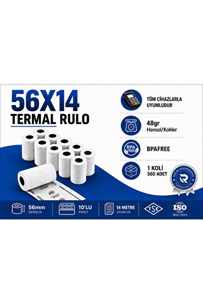 56x14 Termal Rulo Yazar Kasa Pos Rulosu 560 Adet.