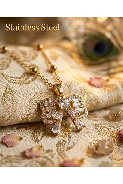 stainless steell Gold Color Baguette Bow Model Top Chain Steel Necklace