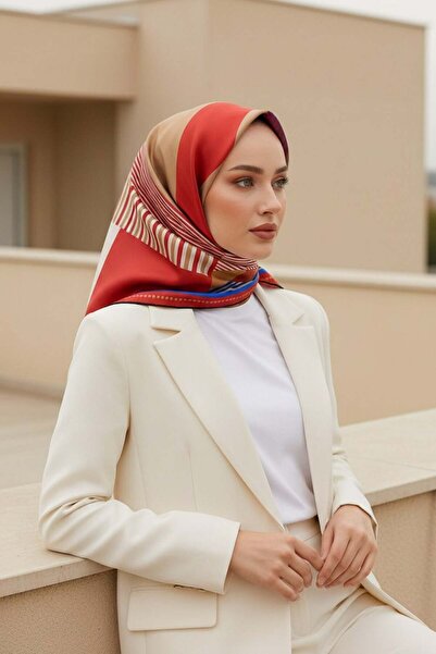 Vissona %100 Twill İpek Geometrik Desenli Kırmızı - Saks Renkli 90x90 Eşarp D...