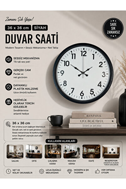 Genel Markalar 36 Cm Siyah Duvar Saati, Modern ve Şık Tasarım, Sessiz Akış, E...