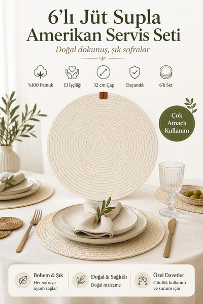 Fabrix Home 6-Piece Jute Supla American Service Set Ecru Bohemian Tableware D...