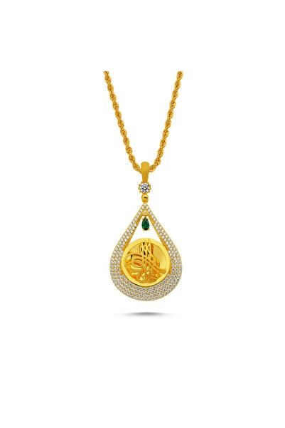 Sembol Gold Tuğralı Altın Kolye Damla Tasarım Burgu Halat Zincirli