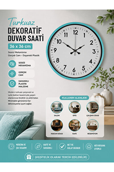 Genel Markalar Zentime 36 Cm Turkuaz Dekoratif Duvar Saati