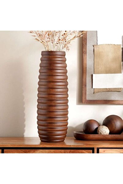 PAN HOME Pecan Wooden Ribbed Design Decor Vase 21x61x61cm - Brown
