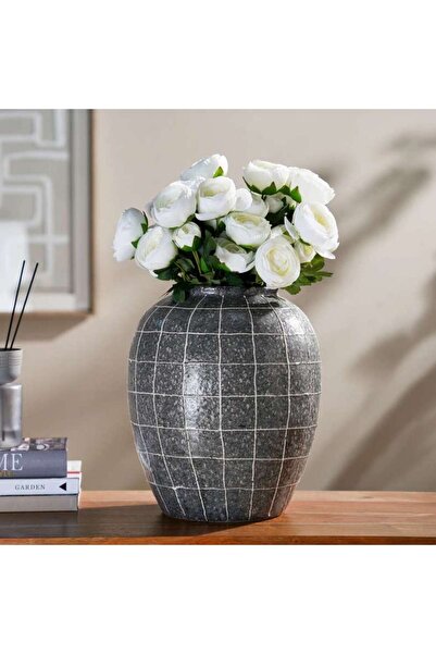 PAN HOME مزهرية ديكور من الخزف الحجري بنقشة مربعات 31x31x36.5 سم - بني