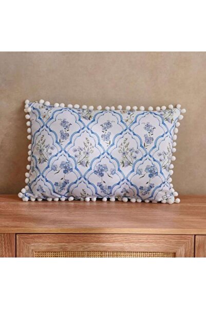 PAN HOME Fern Printed Water Repellant Pom Pom Trimmed Outdoor Filled Cushion ...