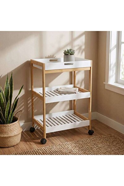 PAN HOME عربة جانبية من زيلر بثلاثة طبقات مع صينية 46x35x74.5 سم - لون طبيعي/...