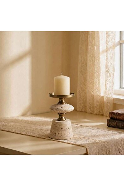 PAN HOME Saanj Metal Traventine Pebble Pillar Candle Holder 11.5x11.5x19cm - ...