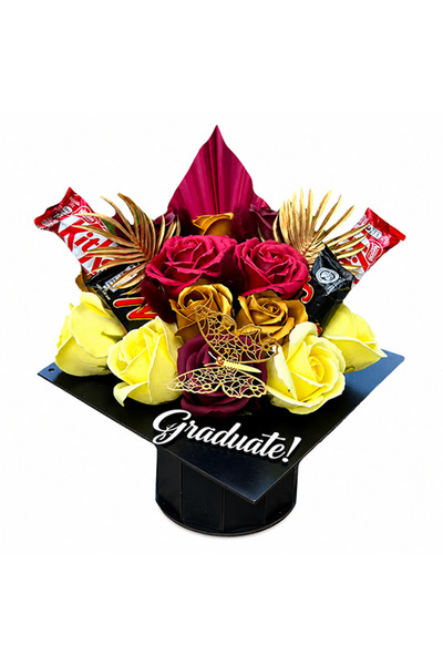velve Arrangement for teachers, toca, sweets, palm leaf and soap flowers, Bor...