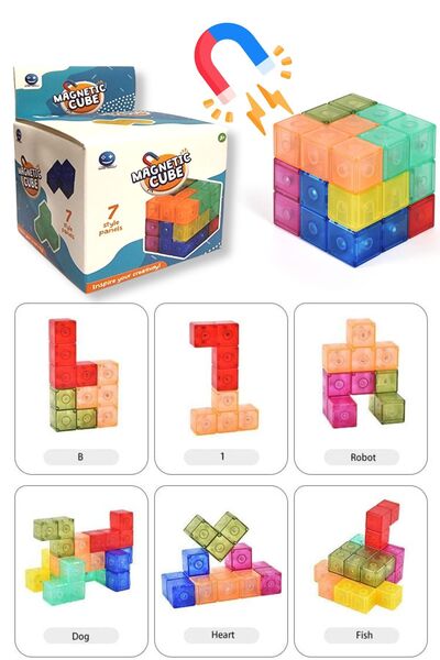 TOYFEST Renkli Şeffaf 7 Parçalı Mıknatıslı 3X3 Manyetik Küp Zeka Sabır Rübik ...