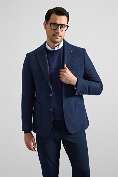 SÜVARİ Lacivert Slim Mono Yaka Torba Cep 6 Drop Klasik Ceket