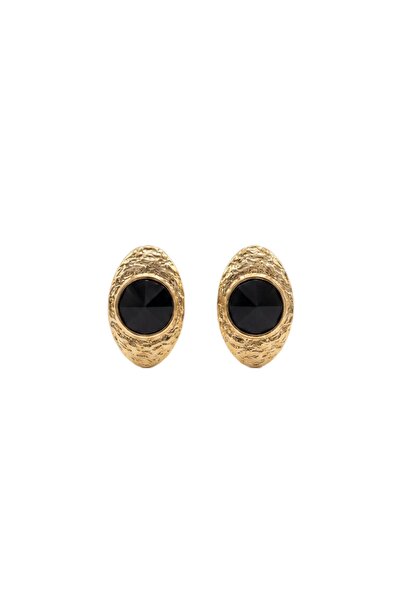 lissstudio Gold Antik Dokulu Siyah Taşlı Oval Küpe