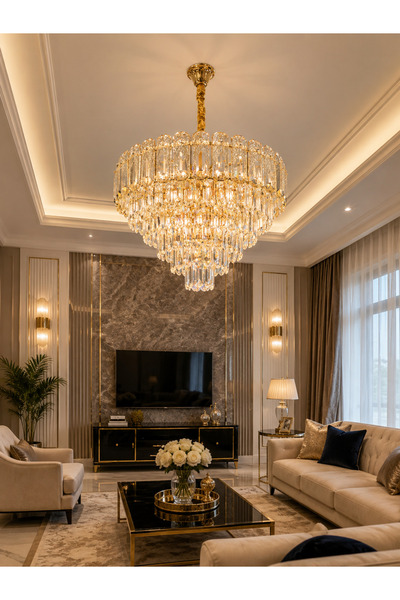 Led YENİ MODEL 50 CM KRİSTAL LÜX SALON AVİZE GOLD RENK