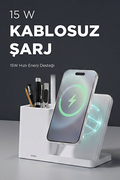 S-LINK Beyaz Typec 15w Kablosuz Şarj Cihazı Kalemlikli Masa Lambası
