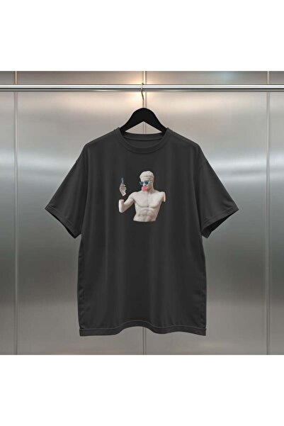 buzagi tasarım ürünleri Sculpture Digital Print Oversize Unisex Black T-Shirt