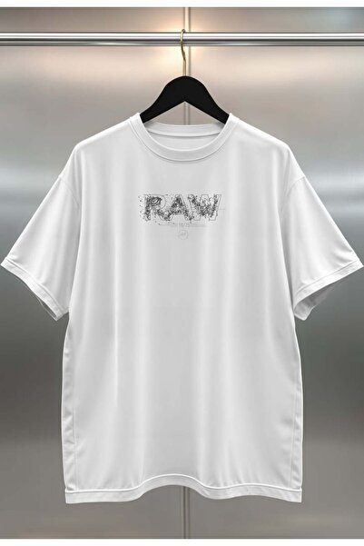 buzagi tasarım ürünleri Raw Digital Print Oversize Unisex White T-Shirt