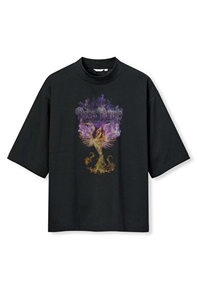 buzagi tasarım ürünleri Deep Purple Digital Print Oversize Black Unisex T-Shirt