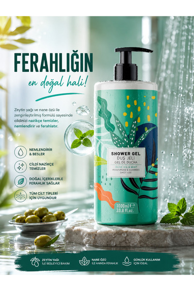 Nane & Zeytinyağlı Duş Jeli 1000 ml Ferah Kokulu Nemlendirici Formül Büyük Boy