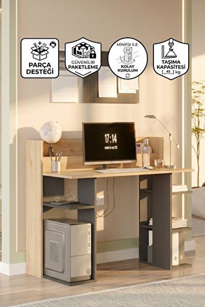 Yurupa Pantego 124cm Çalışma Masası Bilgisayar Masası Raflı Sepet-Antrasit PA...