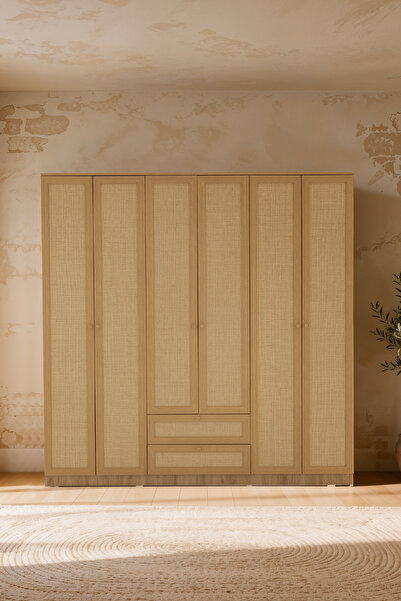 SARMOBİ Baru 6 Kapaklı 2 Çekmeceli Gardırop/Dolap 206x210x52 cm Cadiz Meşe – ...