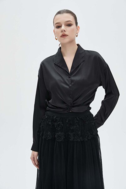 mica Women's Long Sleeve Solid Blouse with Shirt Collar