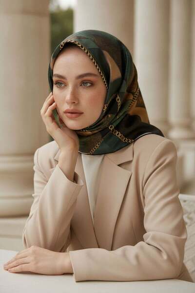 Vissona %100 Twill İpek Taş Efekti Desenli Zümrüt - Siyah Renkli 90x90 Eşarp ...