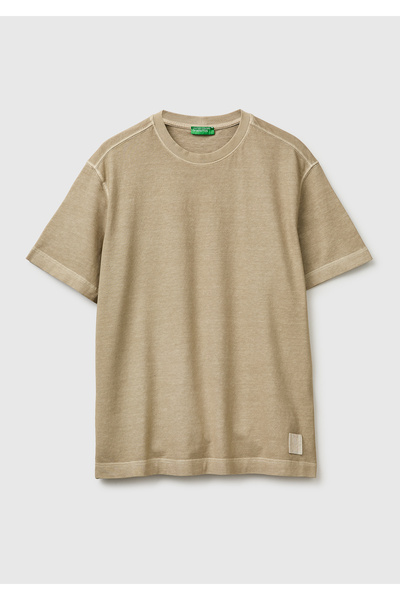 United Colors of Benetton Erkek Krem %100 Pamuk Logo Baskılı Relax Fit T-Shirt