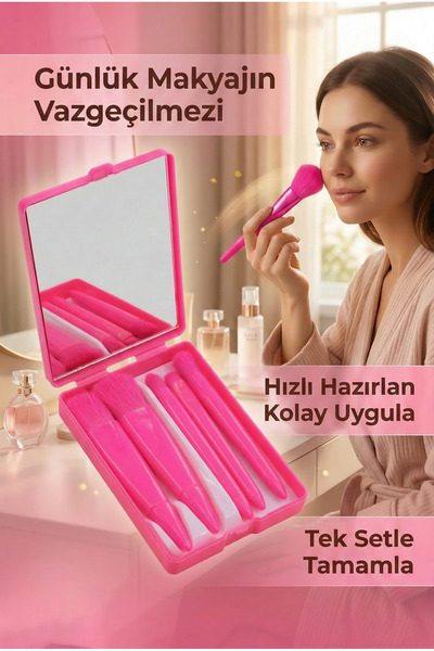 MUJGAN Profesyonel Taşınabilir Aynalı Makyaj Fırça Seti Kalpli Koyu Pembe