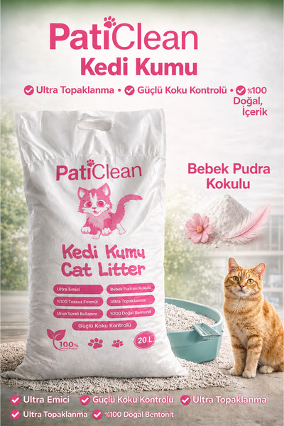 Pati Clean 20 Lt %99 Tozsuz Bebek Pudra Kokulu İnce Taneli Süper Topaklanan B...